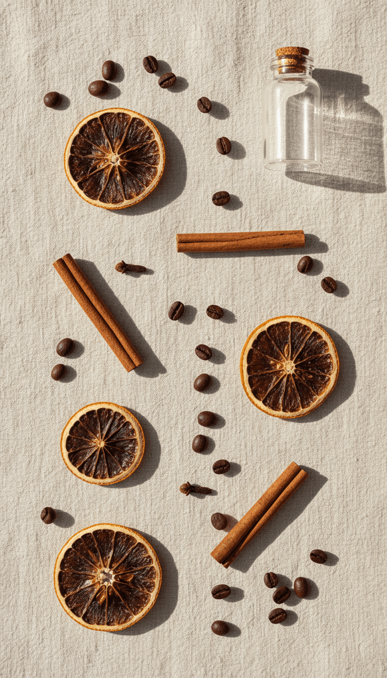 Overhead flat lay of dried orange, cloves, cinnamon and coffee beans on linen