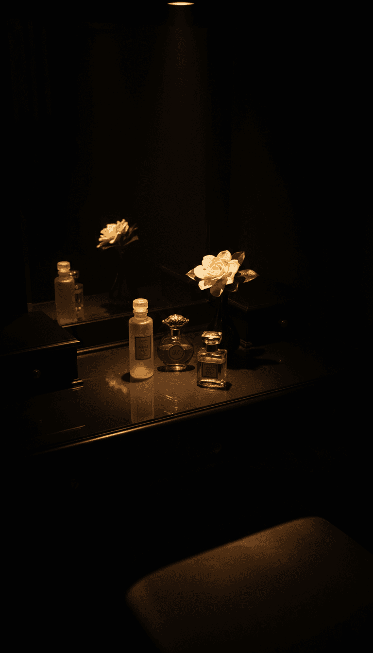 Darkly lit dressing table with fragrance bottles and a single flower