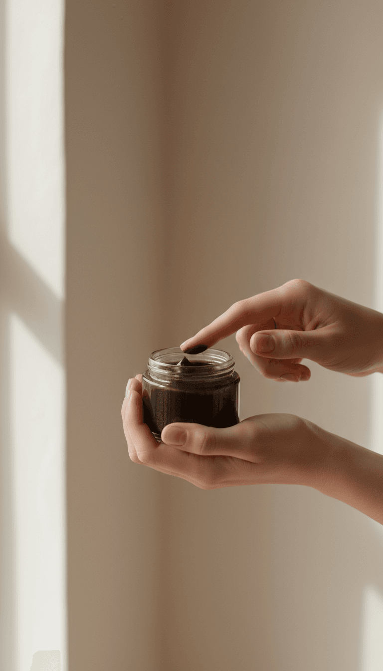 Hands holding a glass jar of cream with natural window lighting