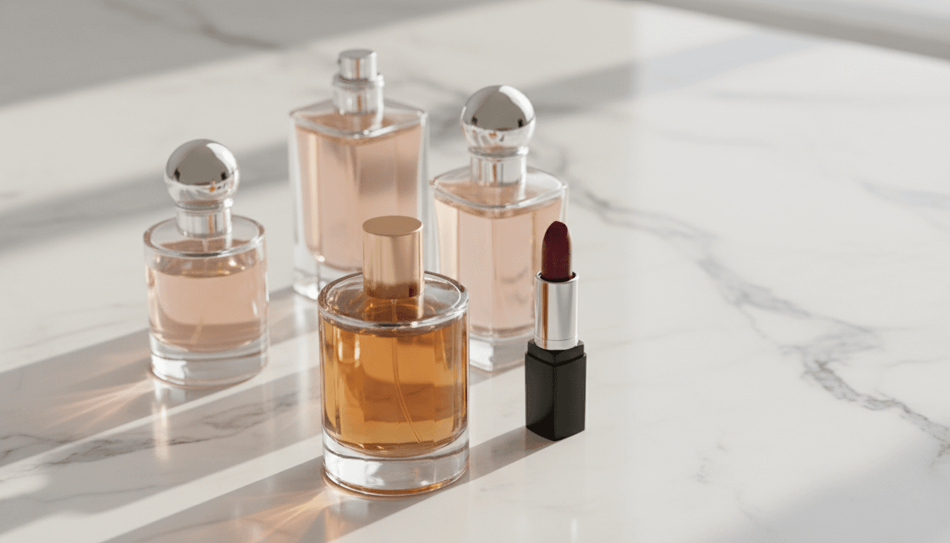 Perfume bottles and lipstick arranged on a marble surface