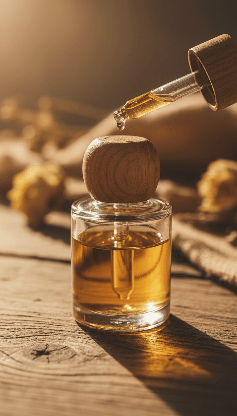 Close-up of a glass perfume bottle with amber liquid on a wooden surface
