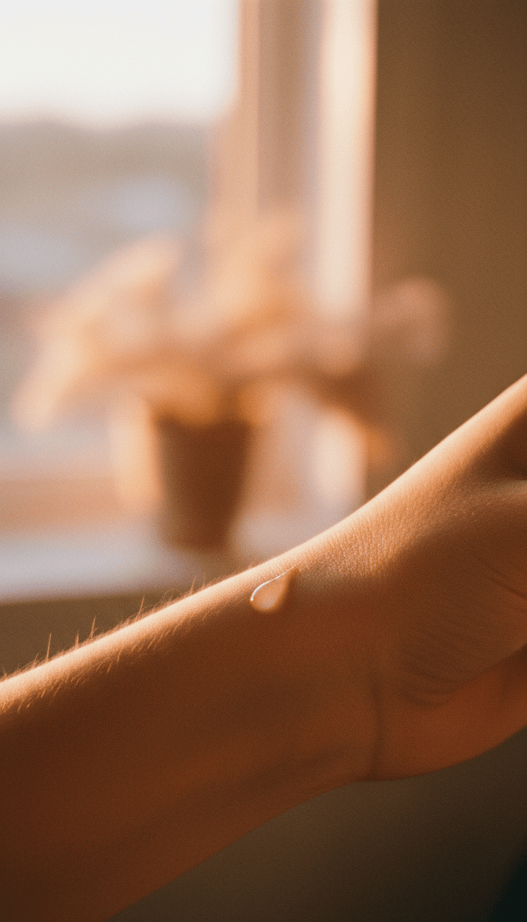 Close-up of a wrist with fragrance spritzed on the skin in golden light