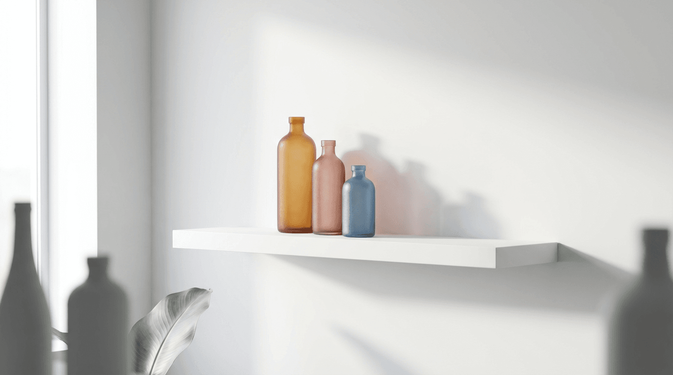 Curated collection of fragrance bottles and beauty products on a wooden surface, sunlight casting soft shadows