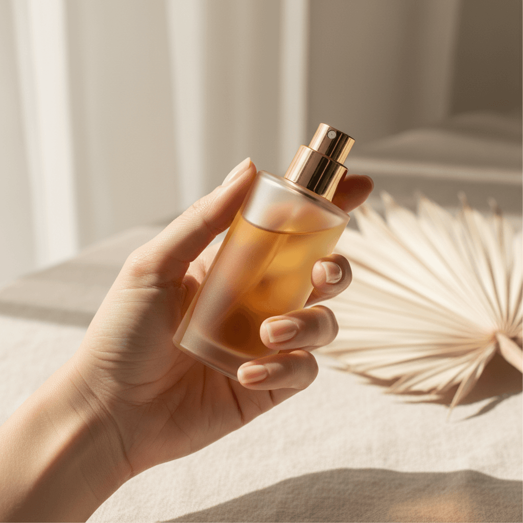Close-up of amber perfume oil inside a glass bottle, held in hand
