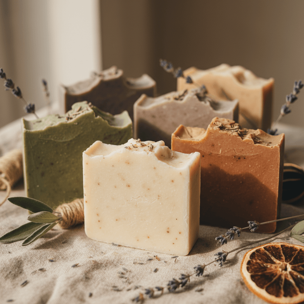 Signature soap bar trio on wooden plank