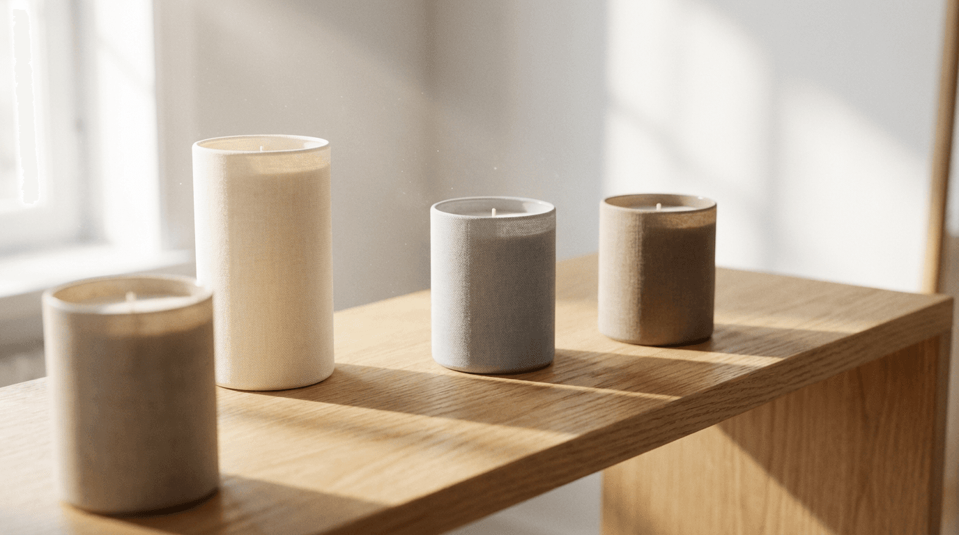 Black candle jar on a wooden table with soft morning light