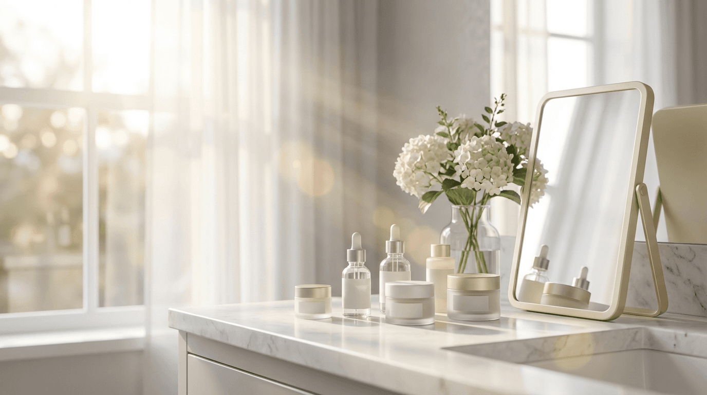 Three fragrance and beauty products arranged on a minimalist vanity table